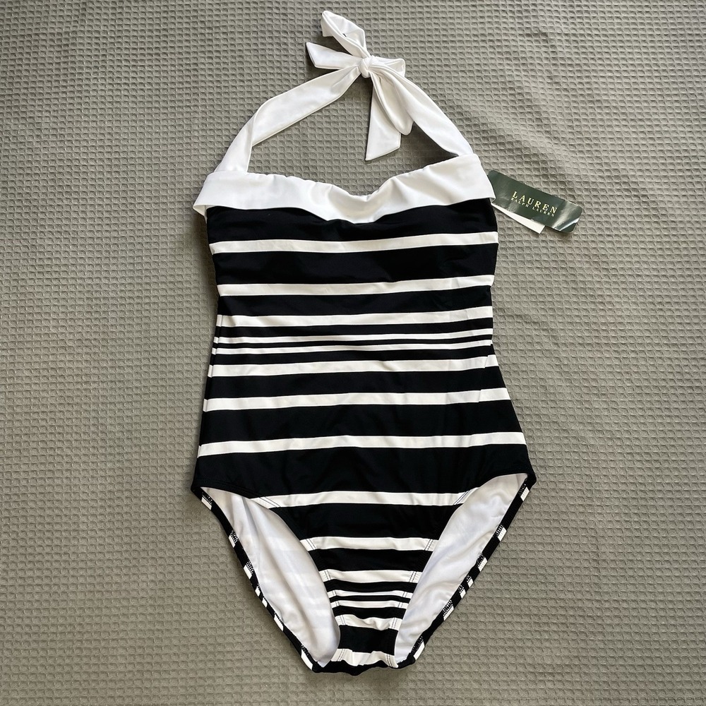 New Lauren Ralph Lauren One Piece Swimsuit 8 Womens Black White Stripe Halter